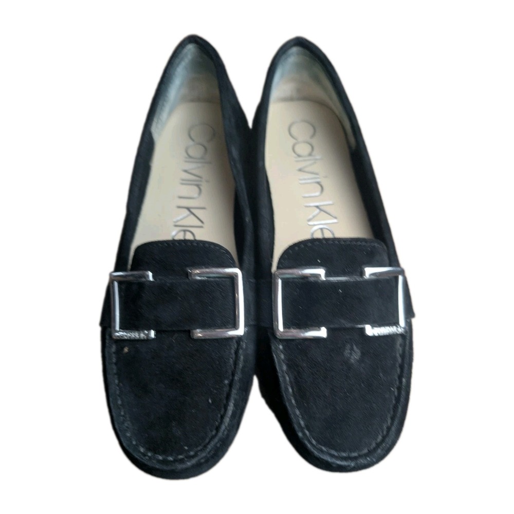Calvin Klein Black Suede Loafers Sz 7 Slip On Driving Moccasins Silver Accent